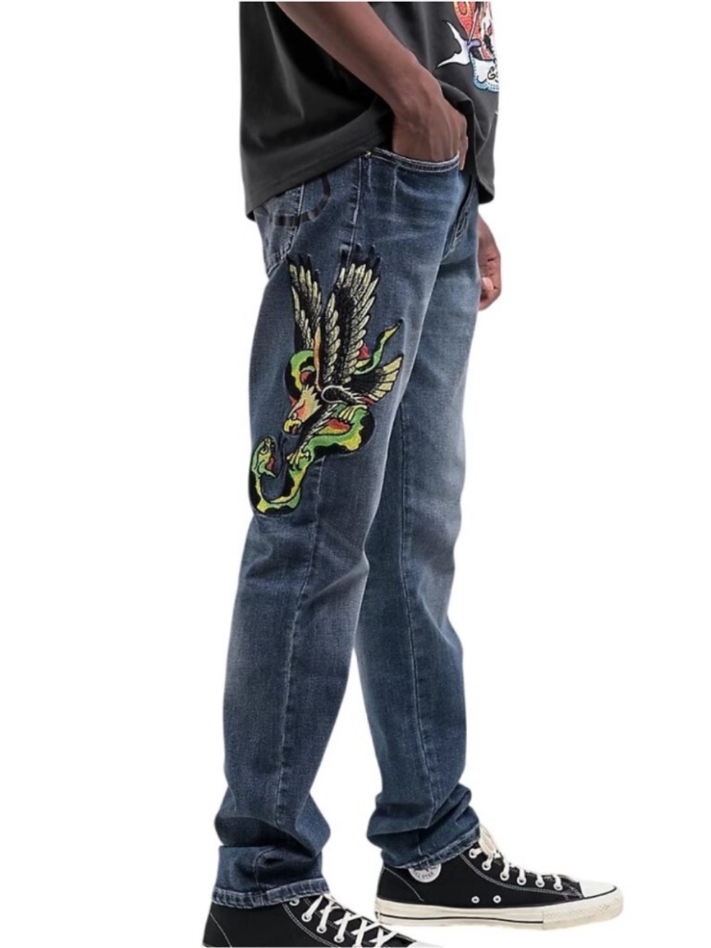 NEW Ed Hardy Snake Eagle Tattoo Embroidered Slim straight Jeans size 38